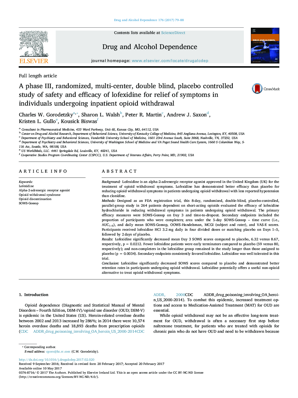 A phase III, randomized, multi-center, double blind, placebo controlled study of safety and efficacy of lofexidine for relief of symptoms in individuals undergoing inpatient opioid withdrawal