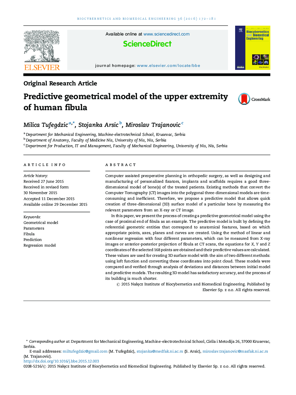 Predictive geometrical model of the upper extremity of human fibula