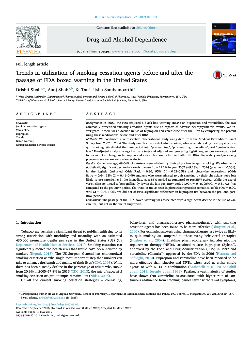 Trends in utilization of smoking cessation agents before and after the passage of FDA boxed warning in the United States