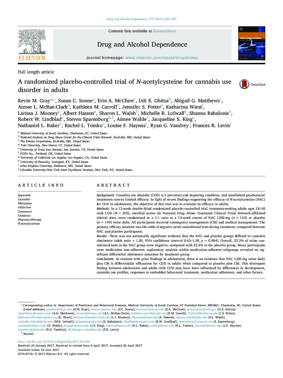 A randomized placebo-controlled trial of N-acetylcysteine for cannabis use disorder in adults