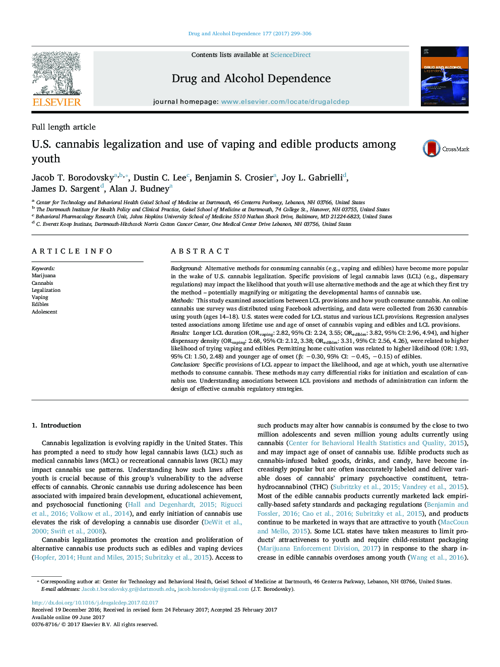 Full length articleU.S. cannabis legalization and use of vaping and edible products among youth