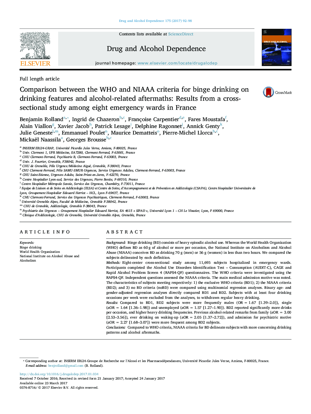 Comparison between the WHO and NIAAA criteria for binge drinking on drinking features and alcohol-related aftermaths: Results from a cross-sectional study among eight emergency wards in France