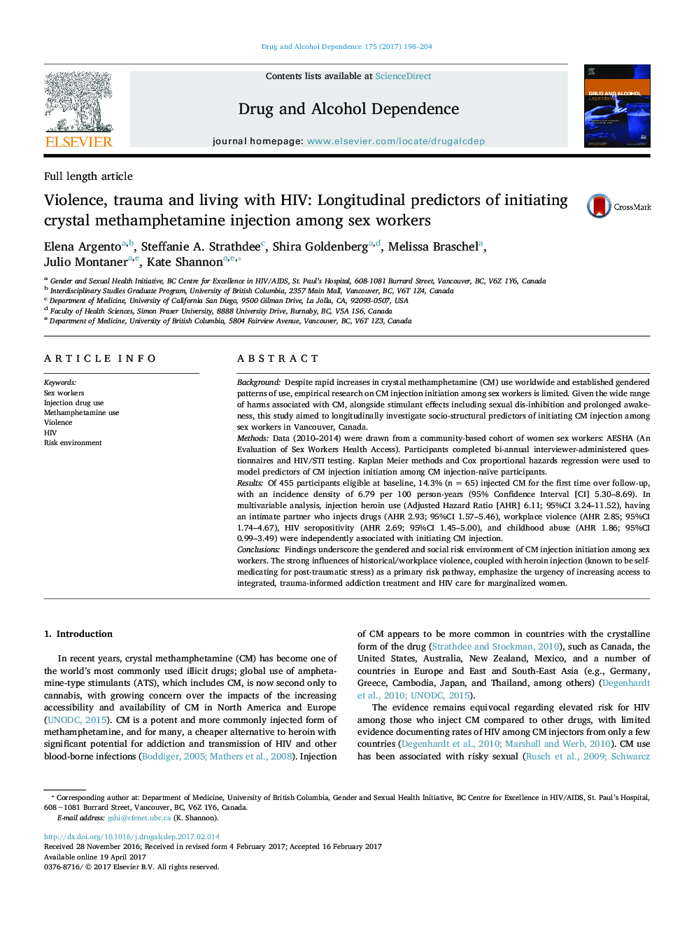 Violence, trauma and living with HIV: Longitudinal predictors of initiating crystal methamphetamine injection among sex workers