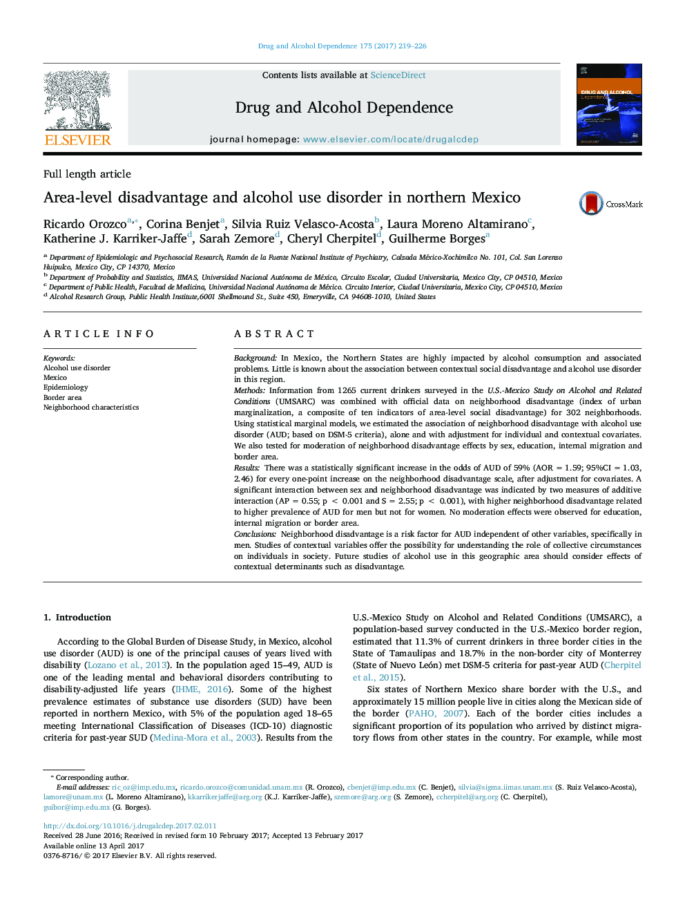 Area-level disadvantage and alcohol use disorder in northern Mexico