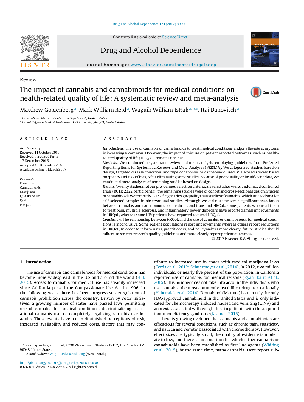 The impact of cannabis and cannabinoids for medical conditions on health-related quality of life: A systematic review and meta-analysis