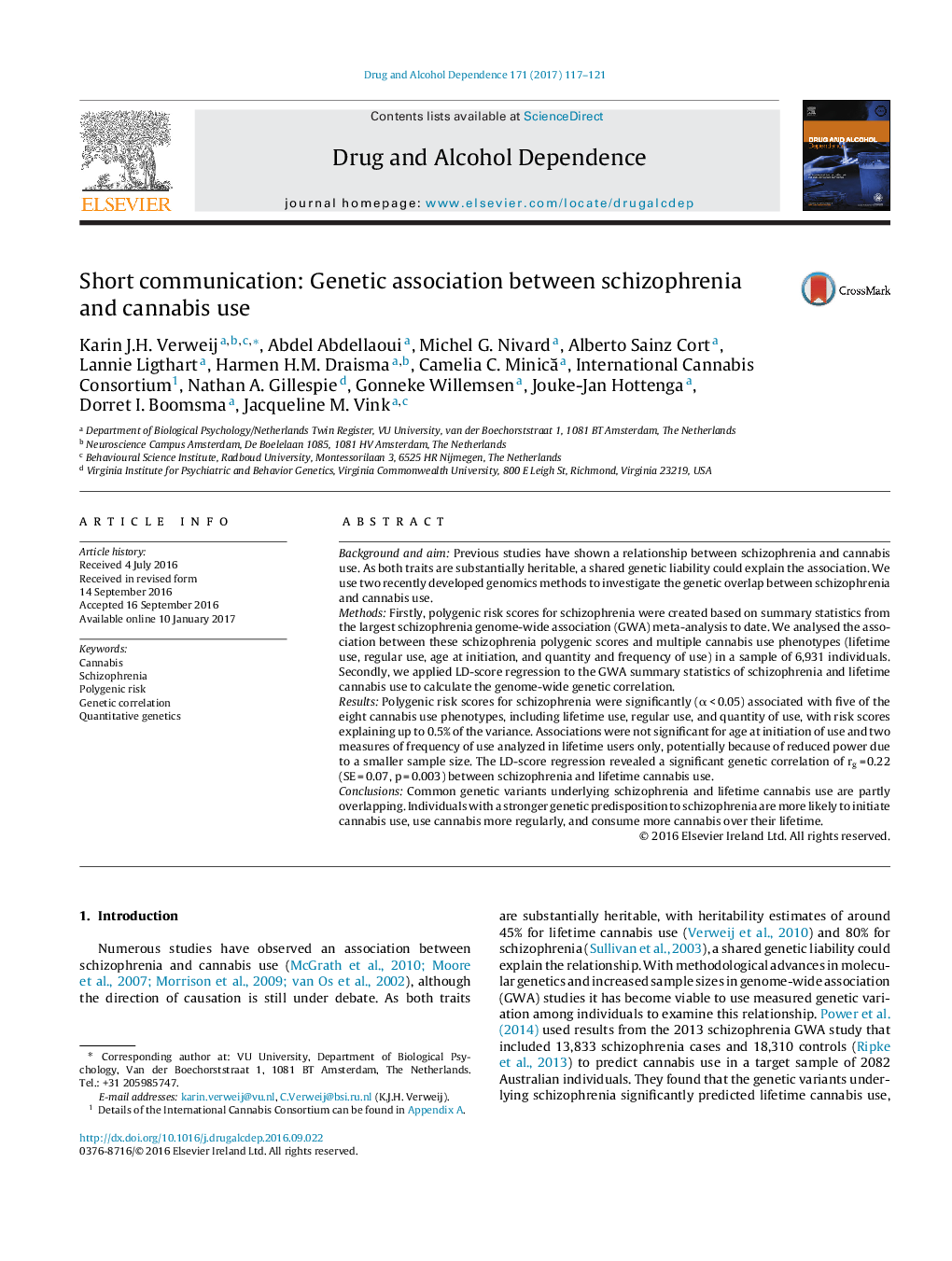 Short communication: Genetic association between schizophrenia and cannabis use