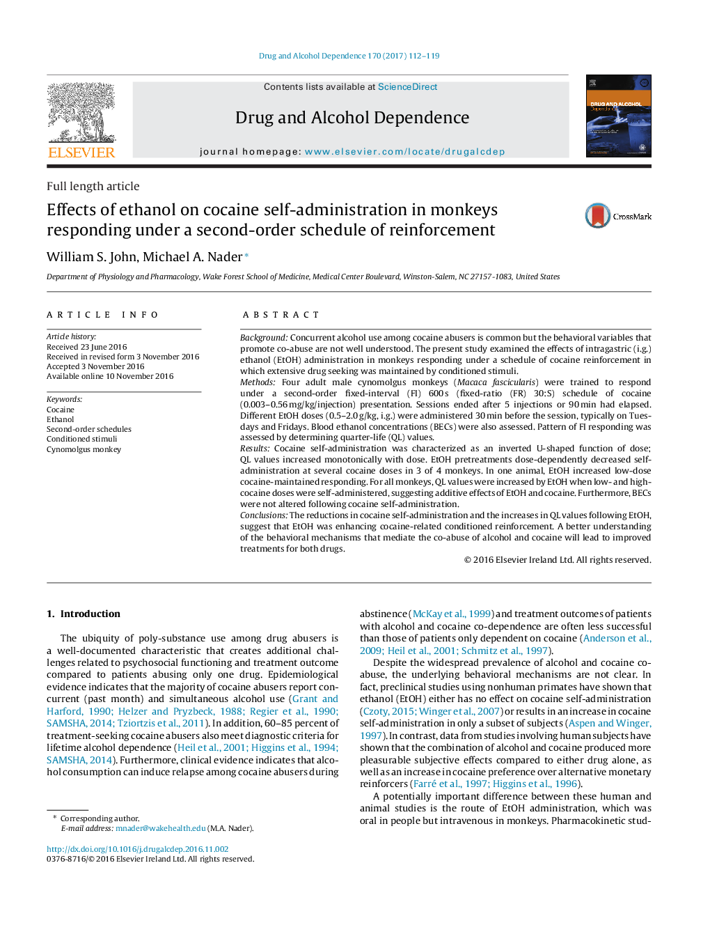 Effects of ethanol on cocaine self-administration in monkeys responding under a second-order schedule of reinforcement