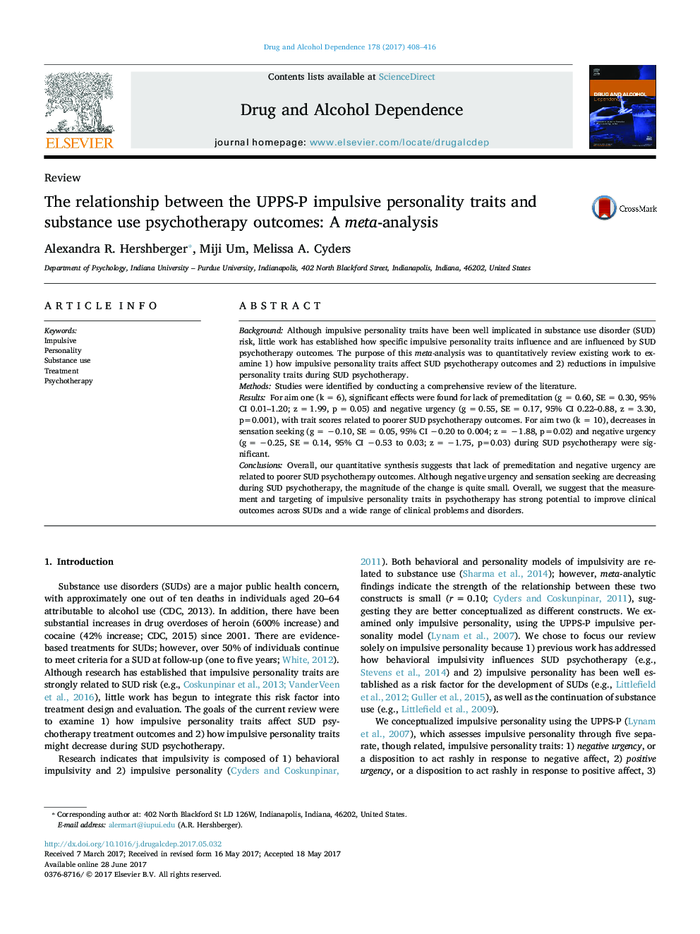 The relationship between the UPPS-P impulsive personality traits and substance use psychotherapy outcomes: A meta-analysis