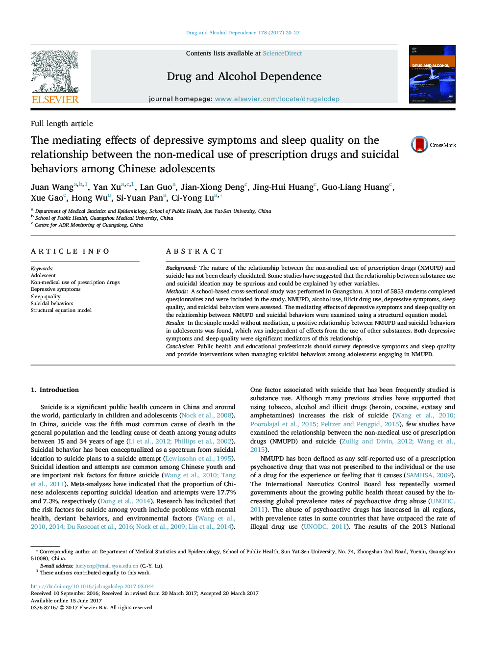 The mediating effects of depressive symptoms and sleep quality on the relationship between the non-medical use of prescription drugs and suicidal behaviors among Chinese adolescents