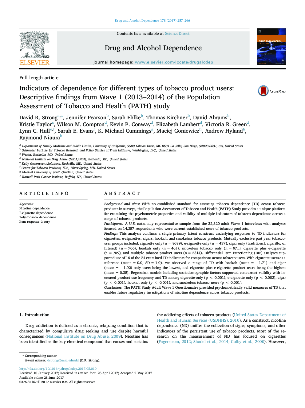 Indicators of dependence for different types of tobacco product users: Descriptive findings from Wave 1 (2013-2014) of the Population Assessment of Tobacco and Health (PATH) study