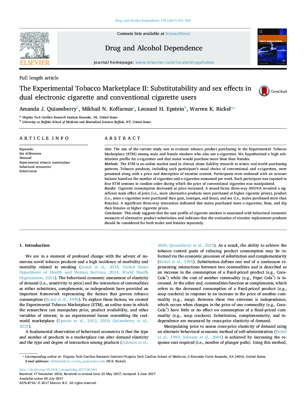 The Experimental Tobacco Marketplace II: Substitutability and sex effects in dual electronic cigarette and conventional cigarette users