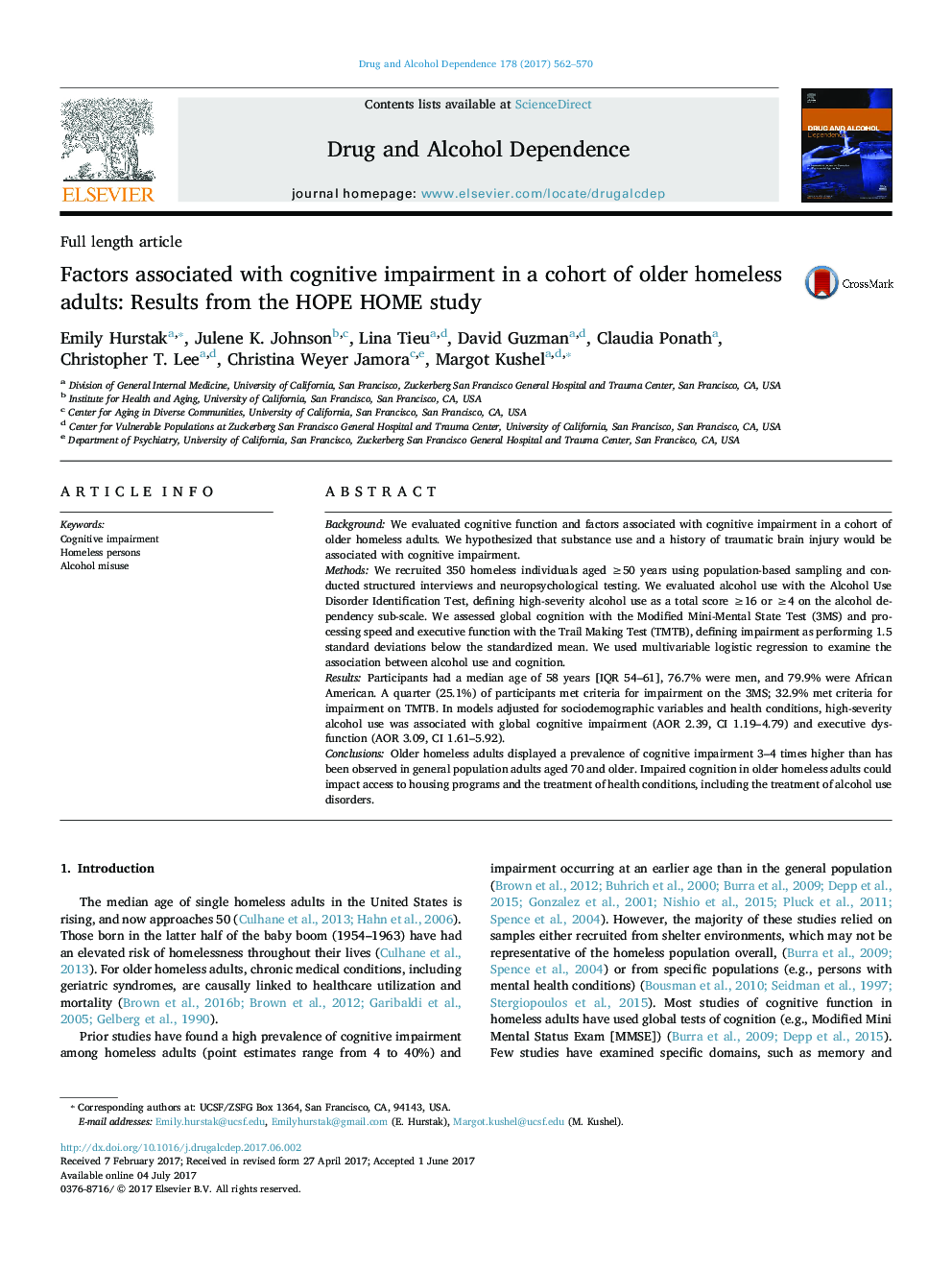 Factors associated with cognitive impairment in a cohort of older homeless adults: Results from the HOPE HOME study