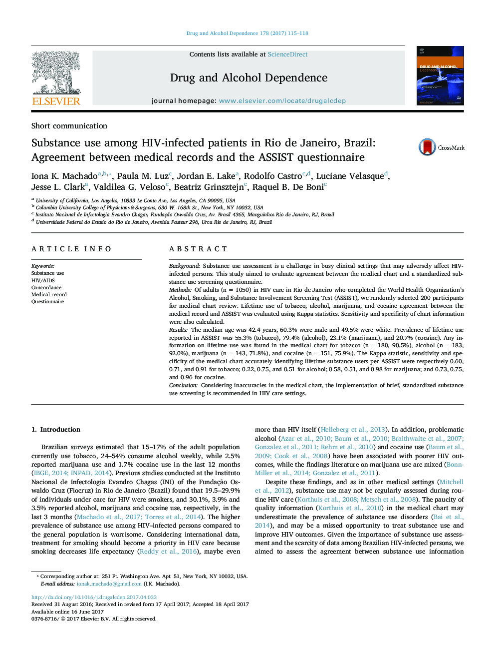 Substance use among HIV-infected patients in Rio de Janeiro, Brazil: Agreement between medical records and the ASSIST questionnaire