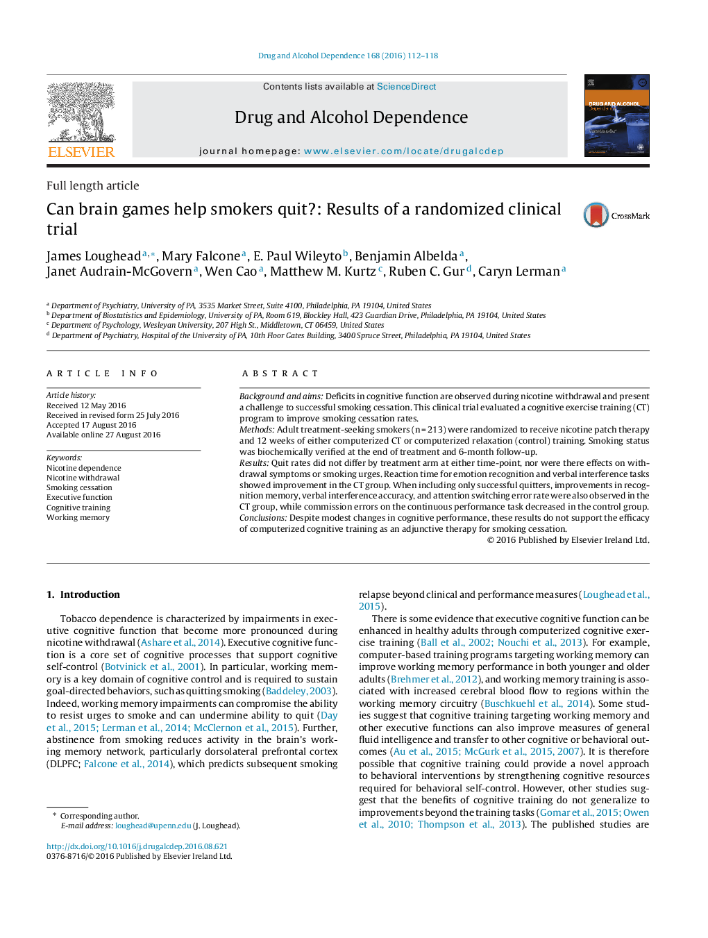 Can brain games help smokers quit?: Results of a randomized clinical trial