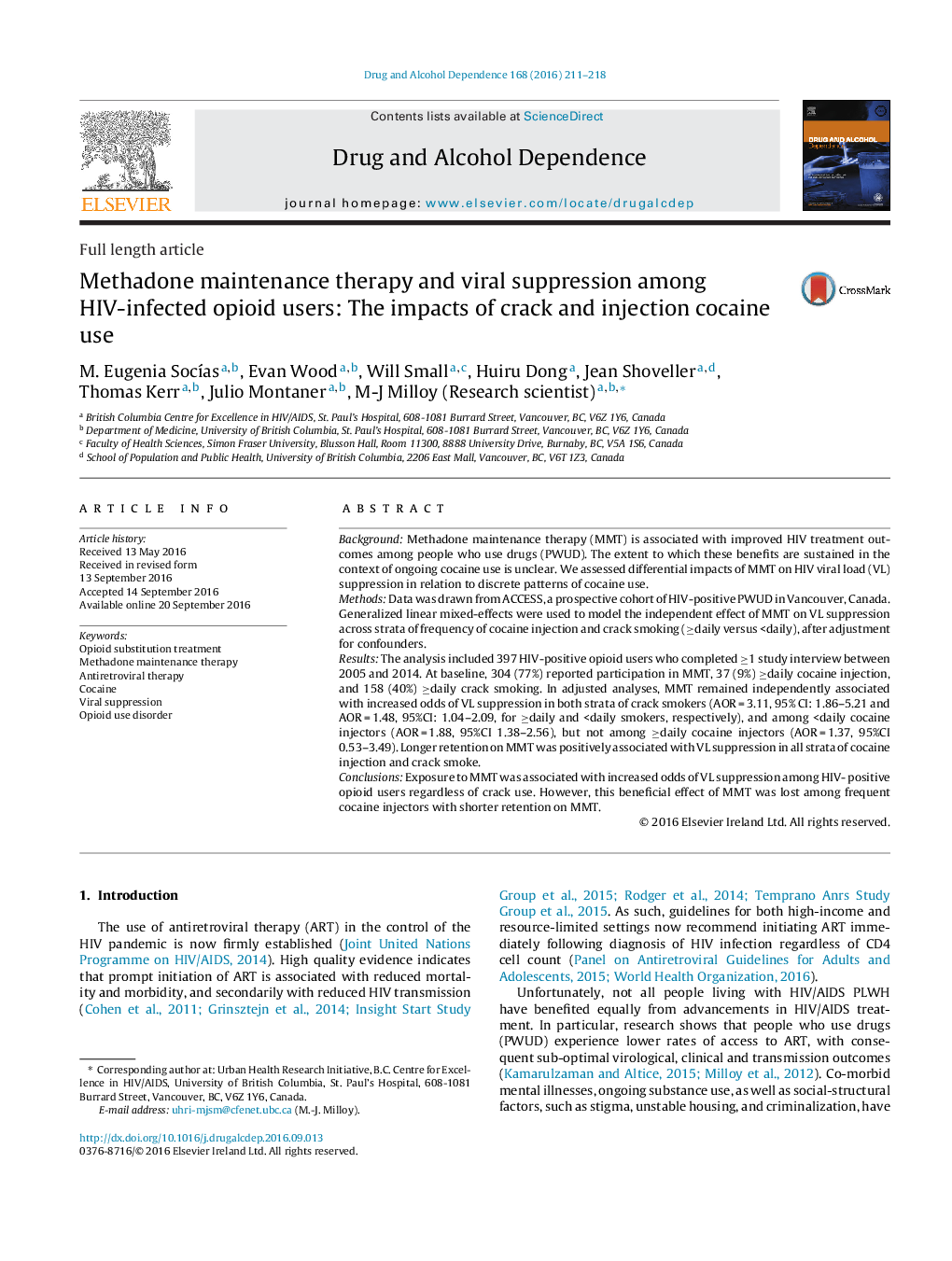 Methadone maintenance therapy and viral suppression among HIV-infected opioid users: The impacts of crack and injection cocaine use