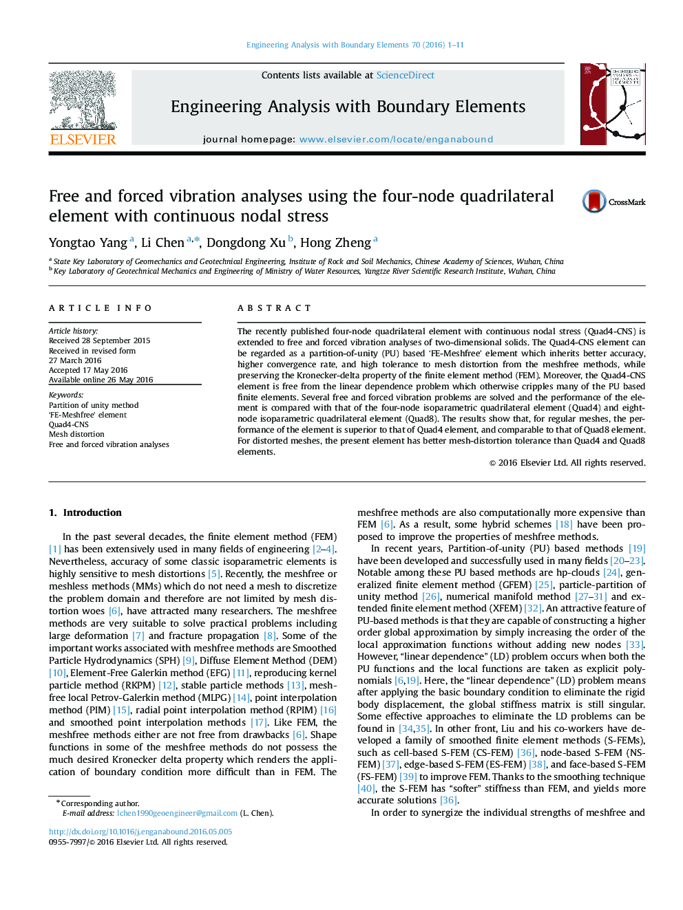 Free and forced vibration analyses using the four-node quadrilateral element with continuous nodal stress