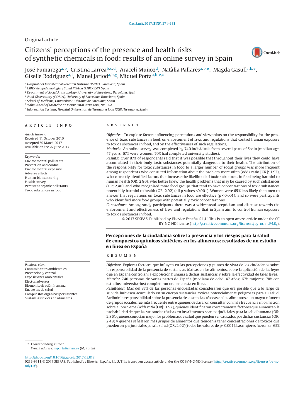 Citizens' perceptions of the presence and health risks of synthetic chemicals in food: results of an online survey in Spain