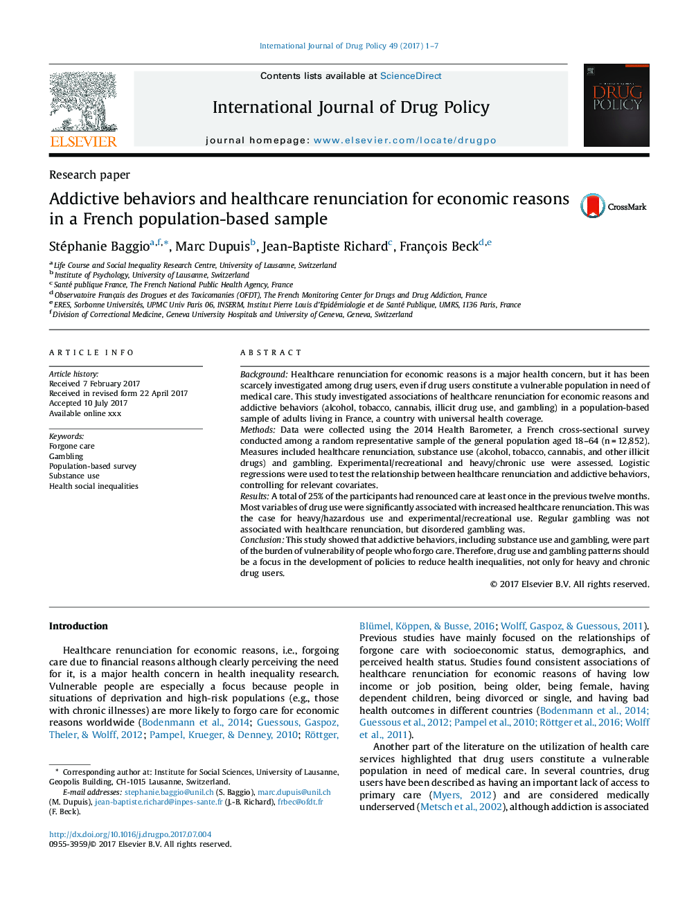 Addictive behaviors and healthcare renunciation for economic reasons in a French population-based sample