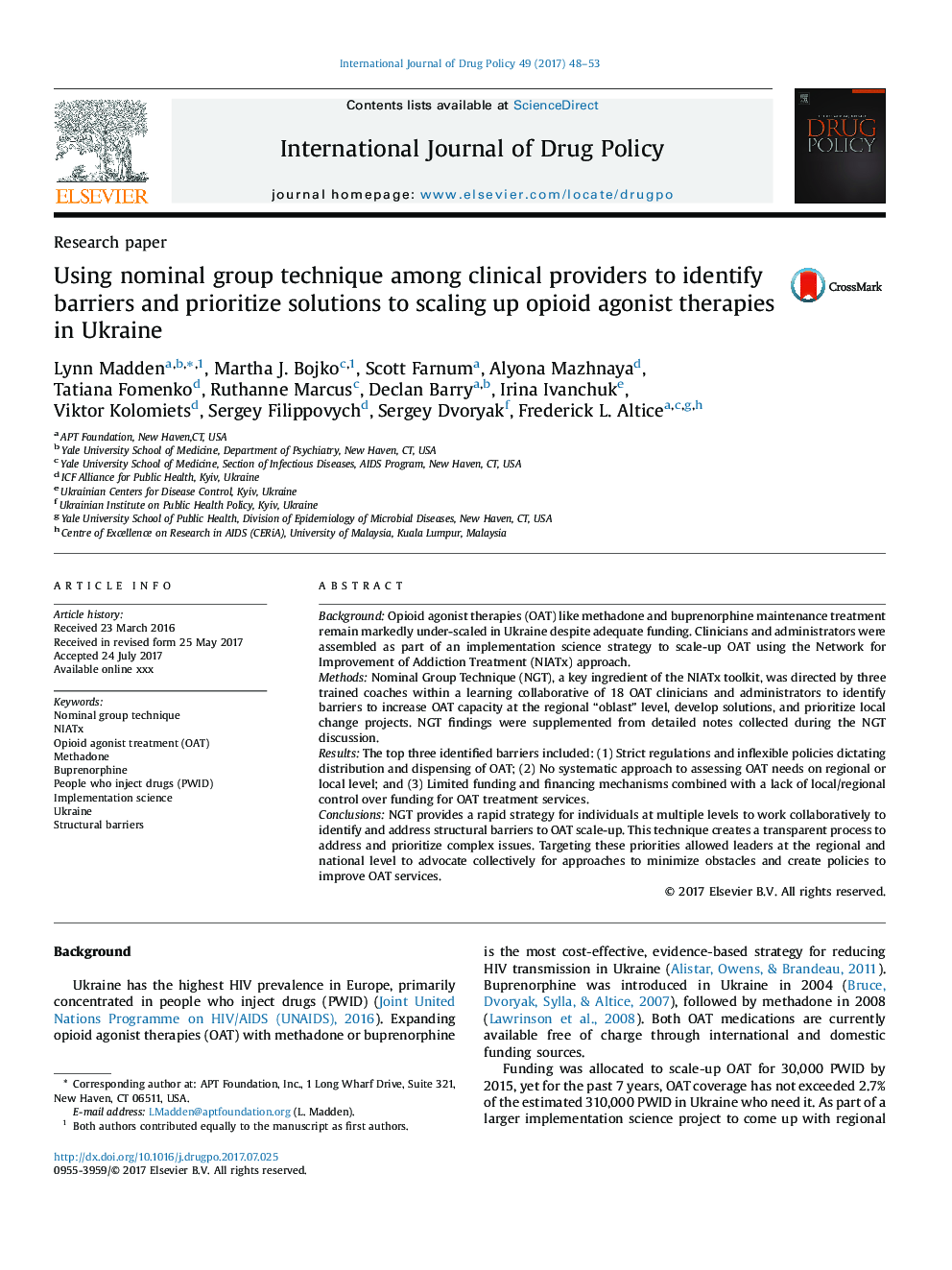 Using nominal group technique among clinical providers to identify barriers and prioritize solutions to scaling up opioid agonist therapies in Ukraine