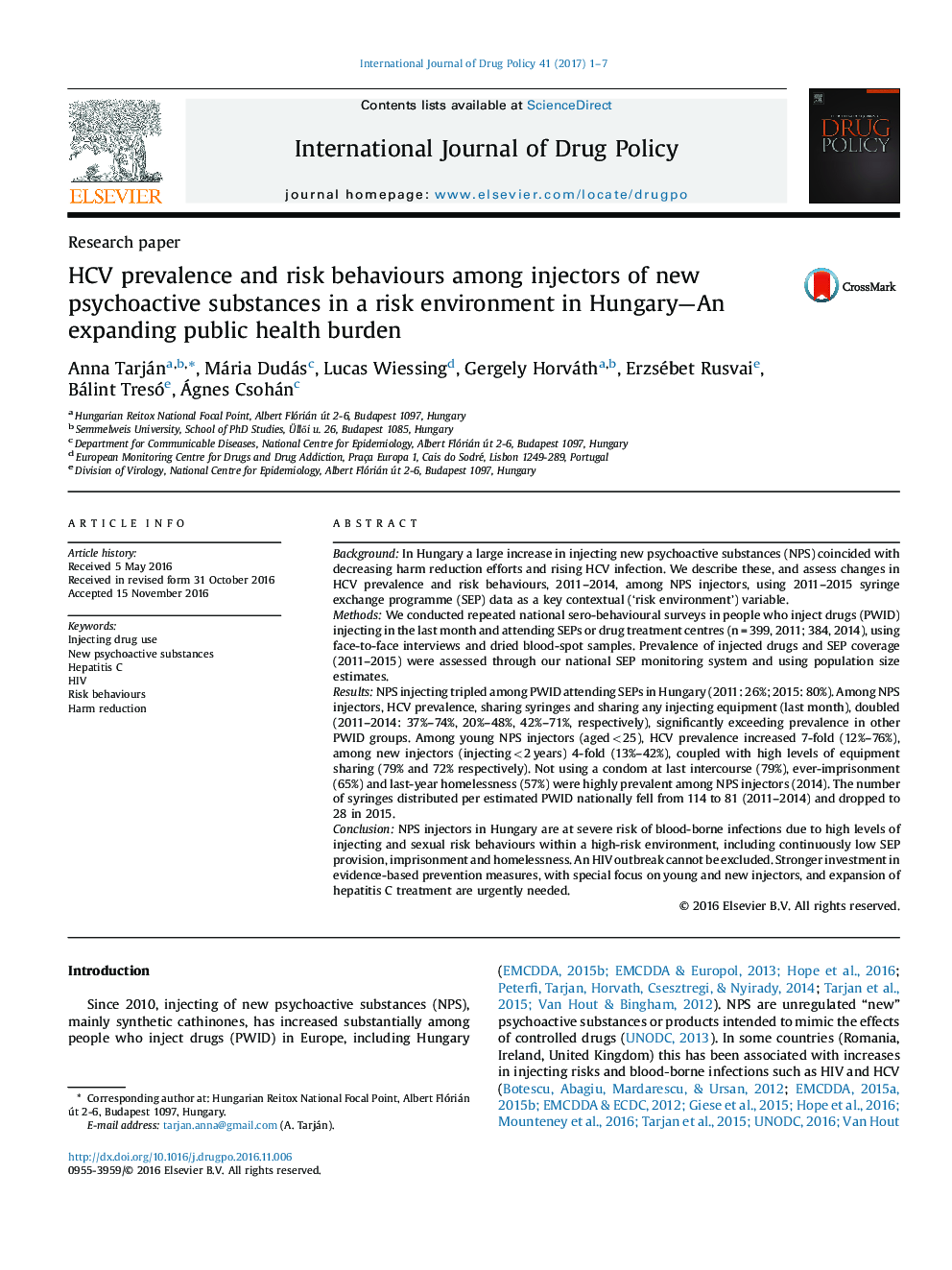 HCV prevalence and risk behaviours among injectors of new psychoactive substances in a risk environment in Hungary-An expanding public health burden