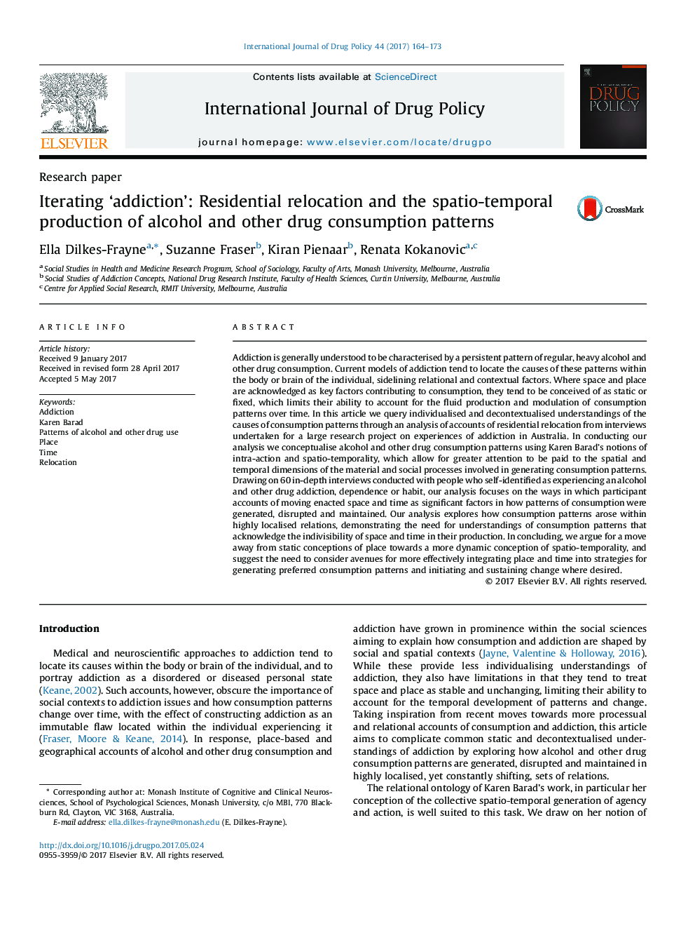 Iterating 'addiction': Residential relocation and the spatio-temporal production of alcohol and other drug consumption patterns