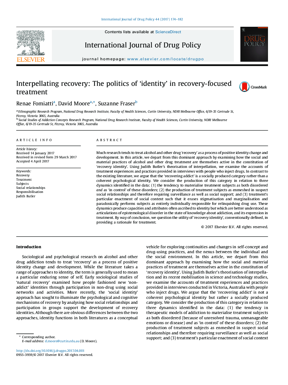 Interpellating recovery: The politics of 'identity' in recovery-focused treatment