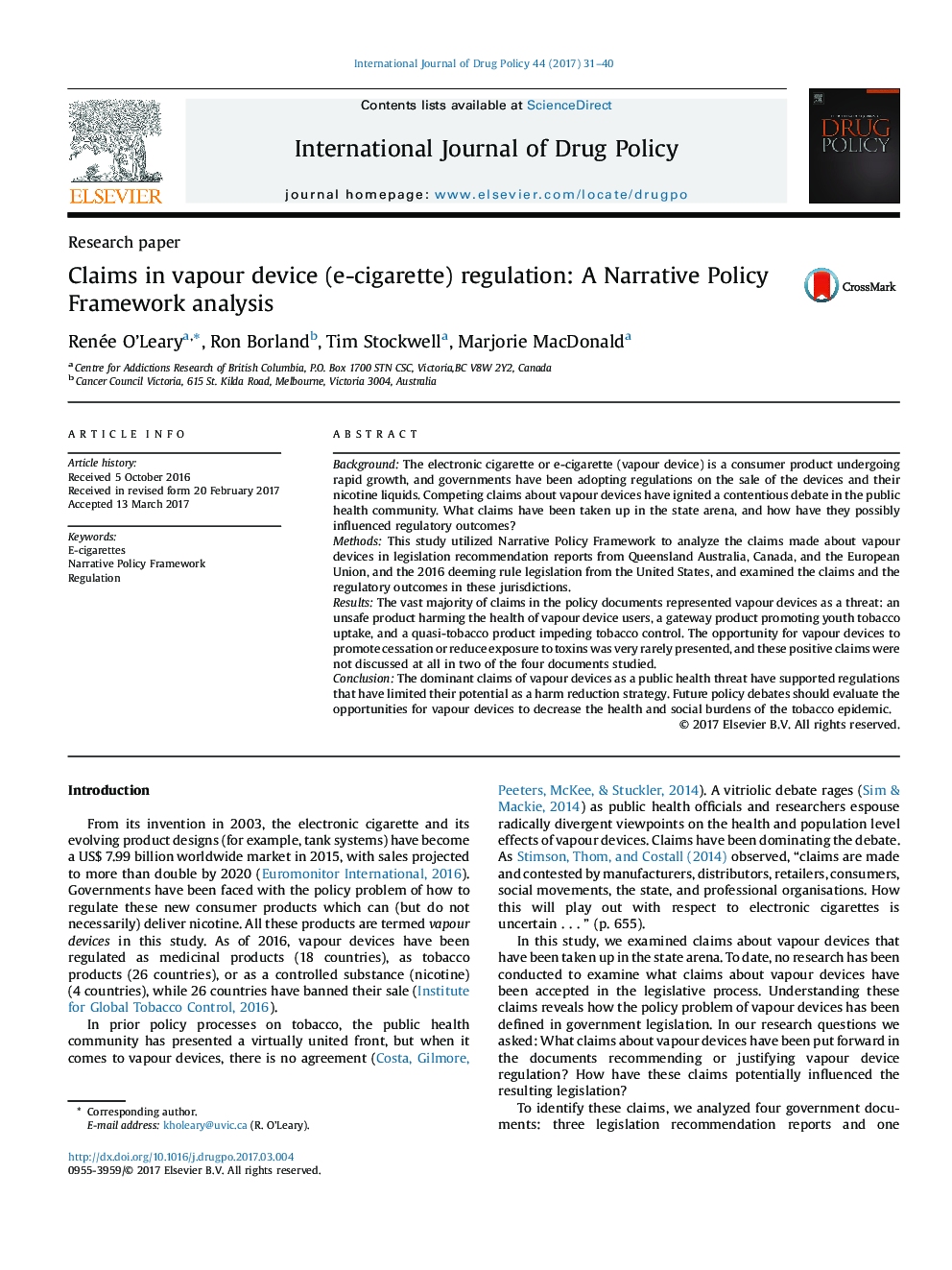 Claims in vapour device (e-cigarette) regulation: A Narrative Policy Framework analysis