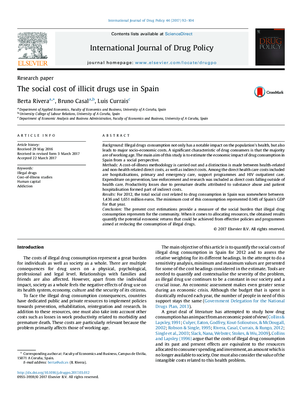 The social cost of illicit drugs use in Spain