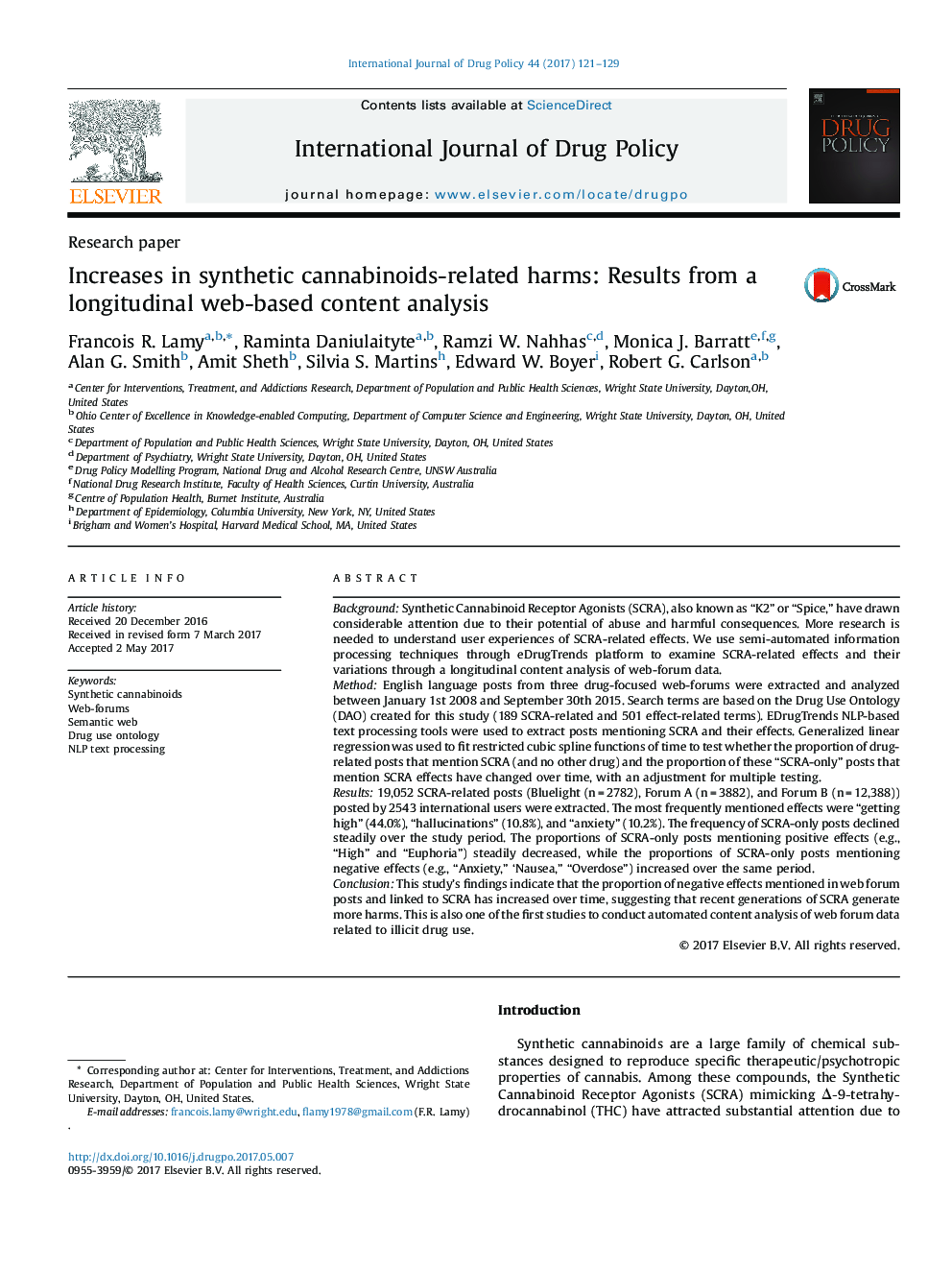 Increases in synthetic cannabinoids-related harms: Results from a longitudinal web-based content analysis