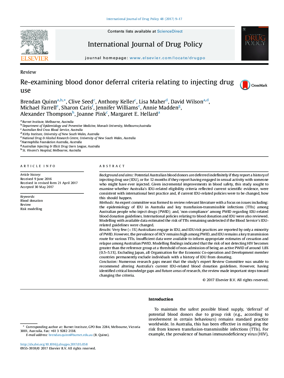 Re-examining blood donor deferral criteria relating to injecting drug use