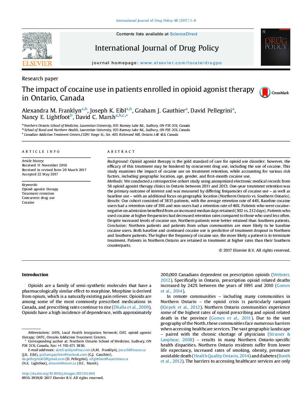 The impact of cocaine use in patients enrolled in opioid agonist therapy in Ontario, Canada