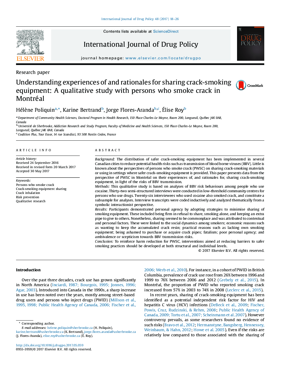 Understanding experiences of and rationales for sharing crack-smoking equipment: A qualitative study with persons who smoke crack in Montréal