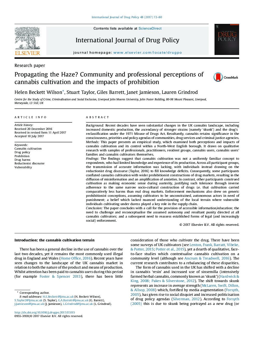 Research paperPropagating the Haze? Community and professional perceptions of cannabis cultivation and the impacts of prohibition