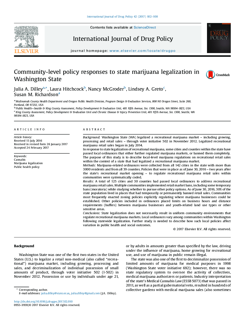 Community-level policy responses to state marijuana legalization in Washington State