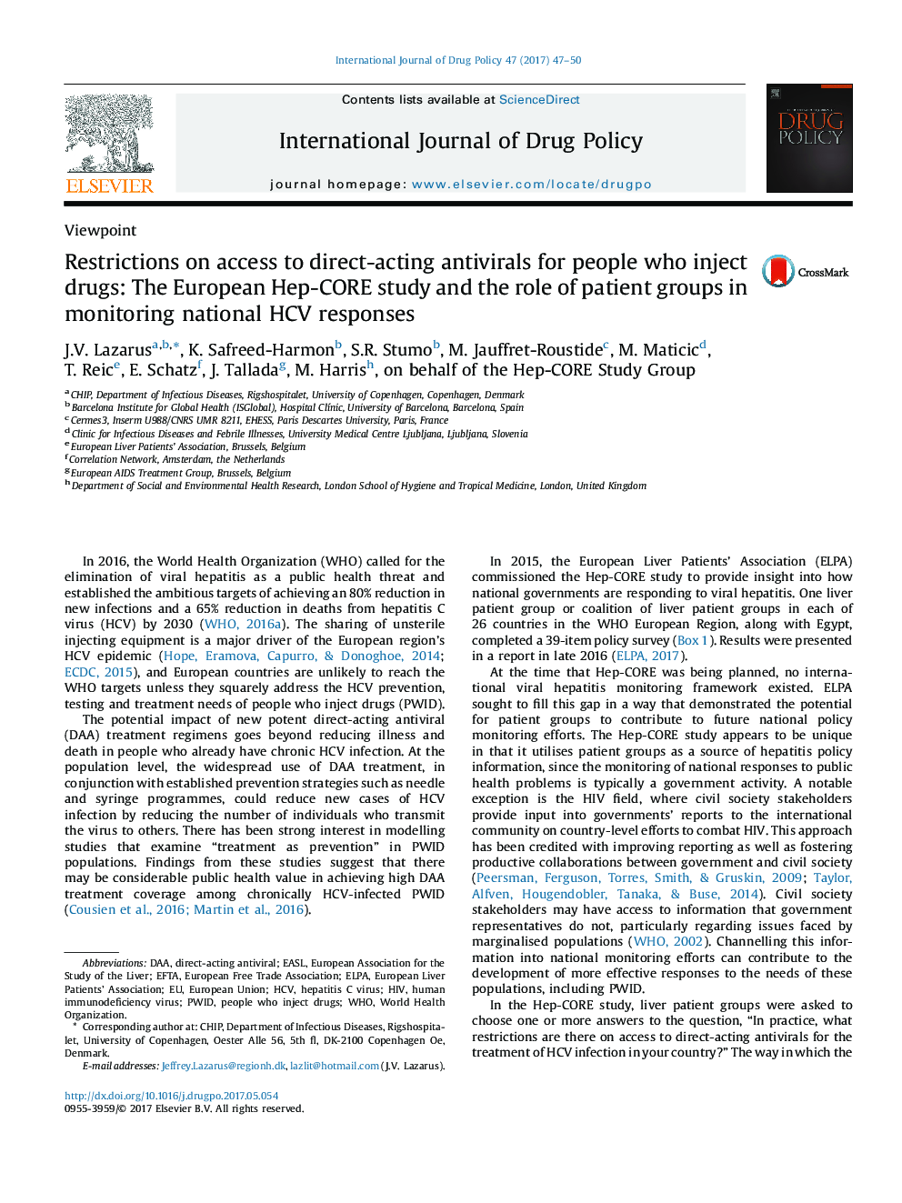 Restrictions on access to direct-acting antivirals for people who inject drugs: The European Hep-CORE study and the role of patient groups in monitoring national HCV responses