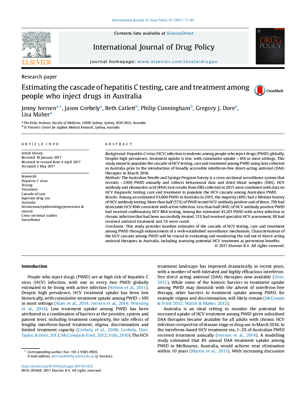 Estimating the cascade of hepatitis C testing, care and treatment among people who inject drugs in Australia