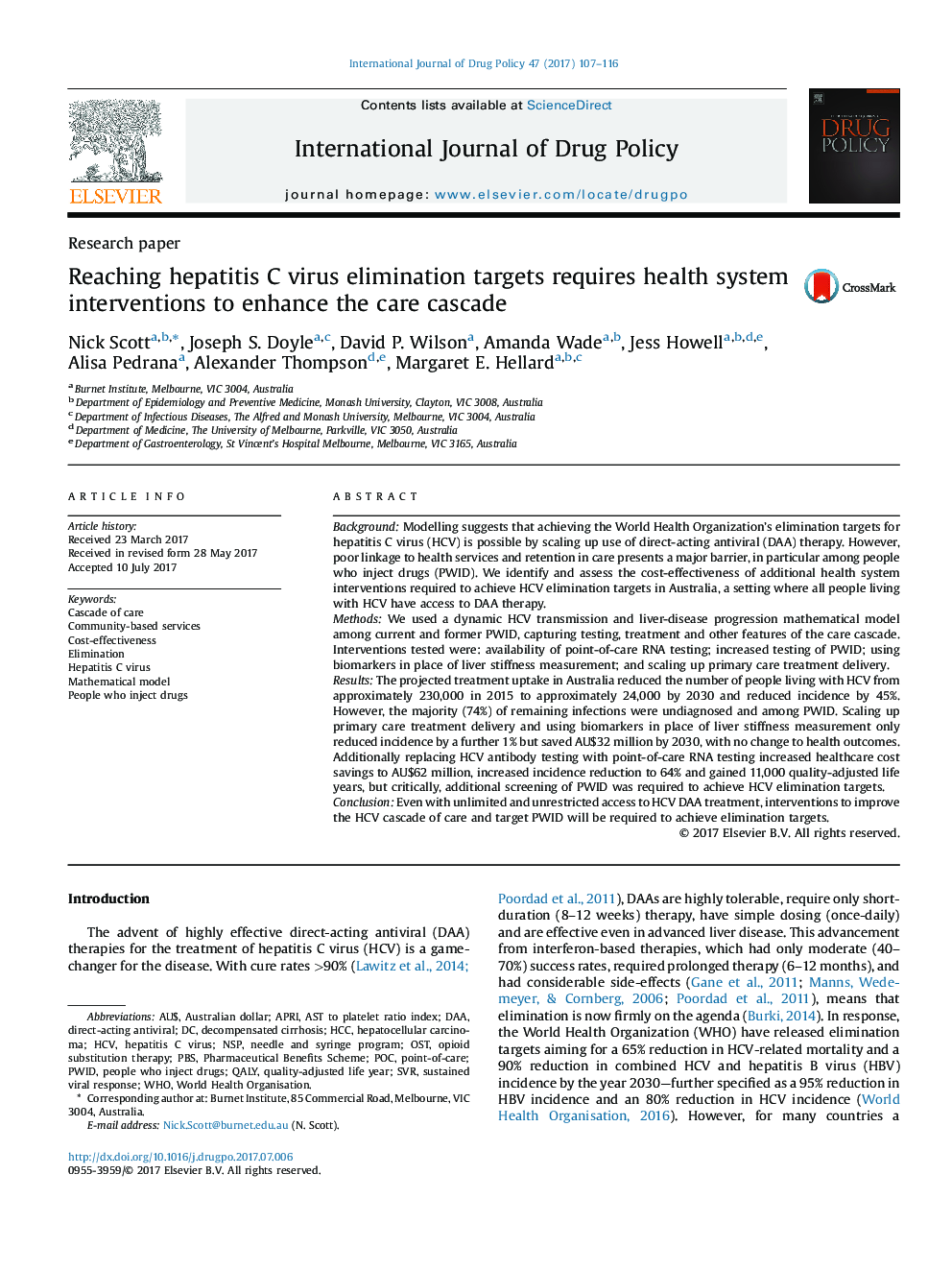 Reaching hepatitis C virus elimination targets requires health system interventions to enhance the care cascade