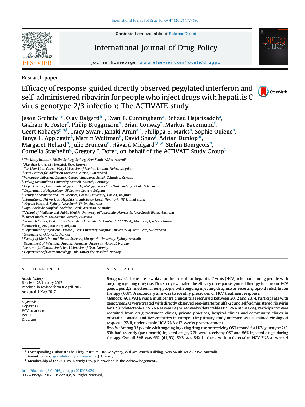 Efficacy of response-guided directly observed pegylated interferon and self-administered ribavirin for people who inject drugs with hepatitis C virus genotype 2/3 infection: The ACTIVATE study