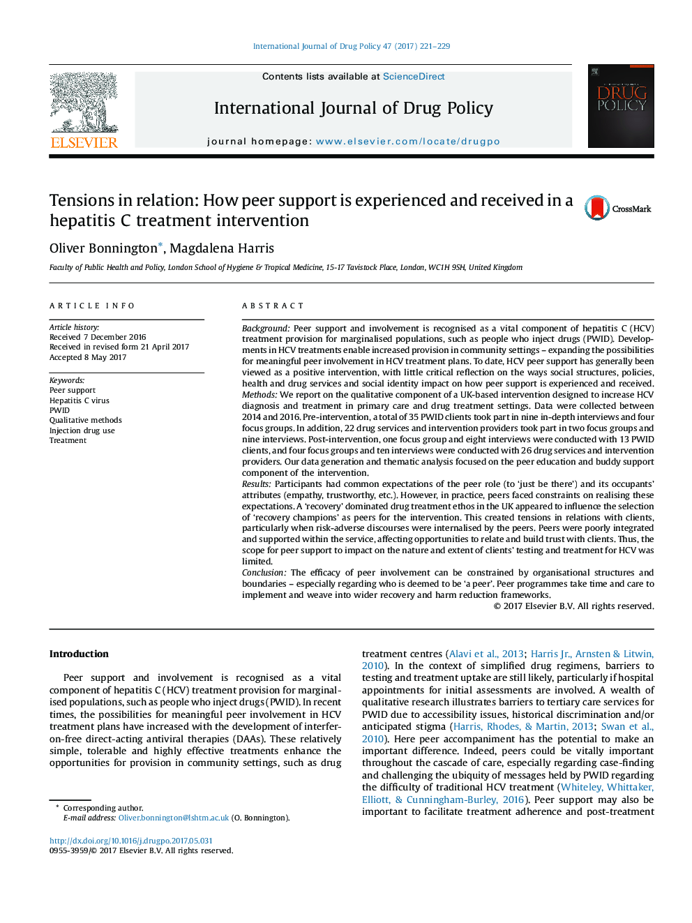 Tensions in relation: How peer support is experienced and received in a hepatitis C treatment intervention