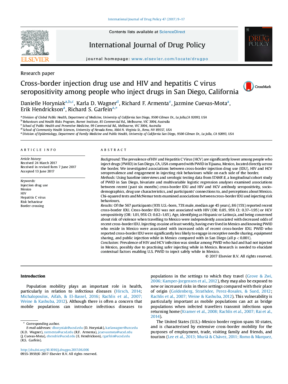Cross-border injection drug use and HIV and hepatitis C virus seropositivity among people who inject drugs in San Diego, California