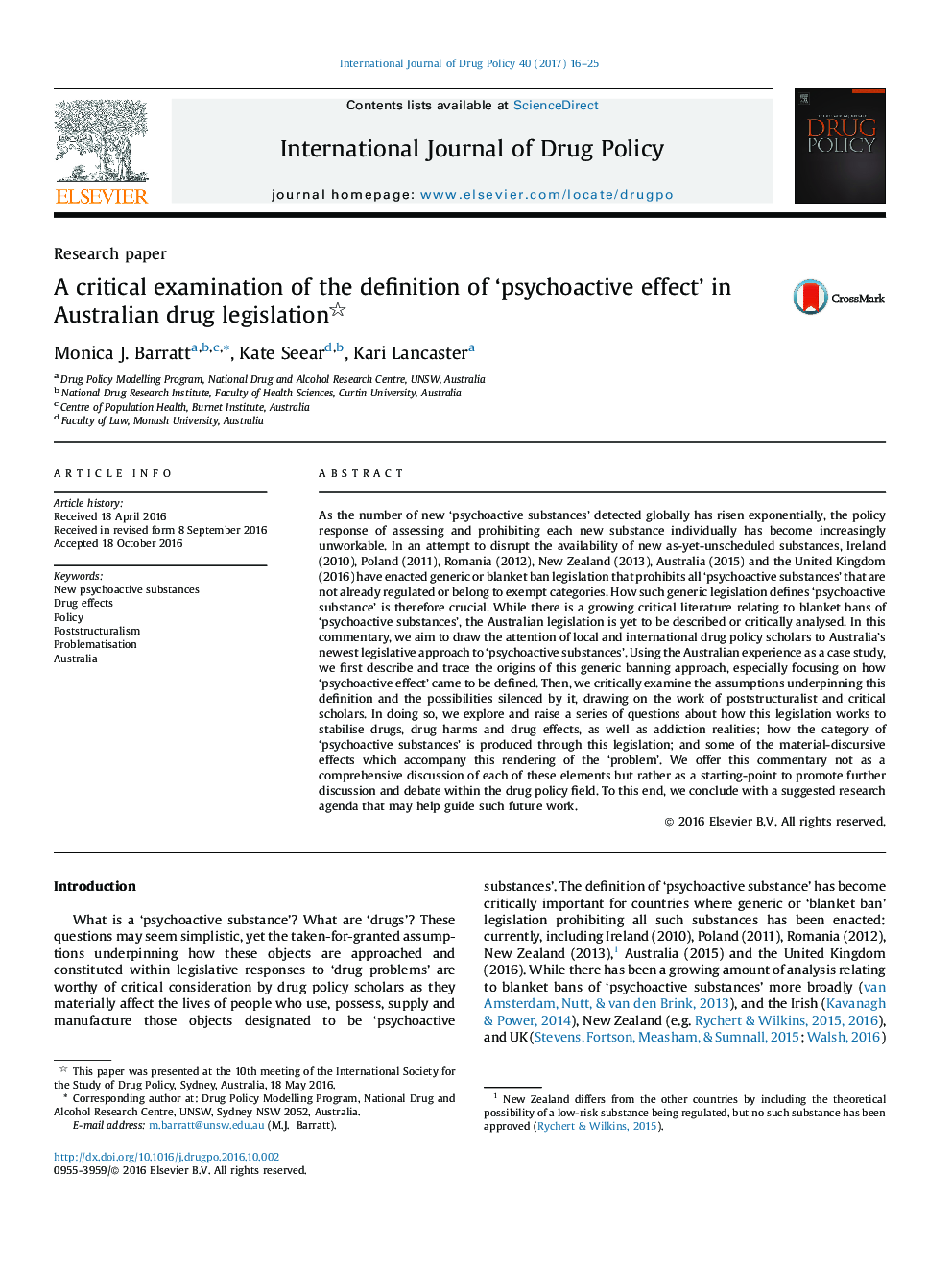 A critical examination of the definition of 'psychoactive effect' in Australian drug legislation