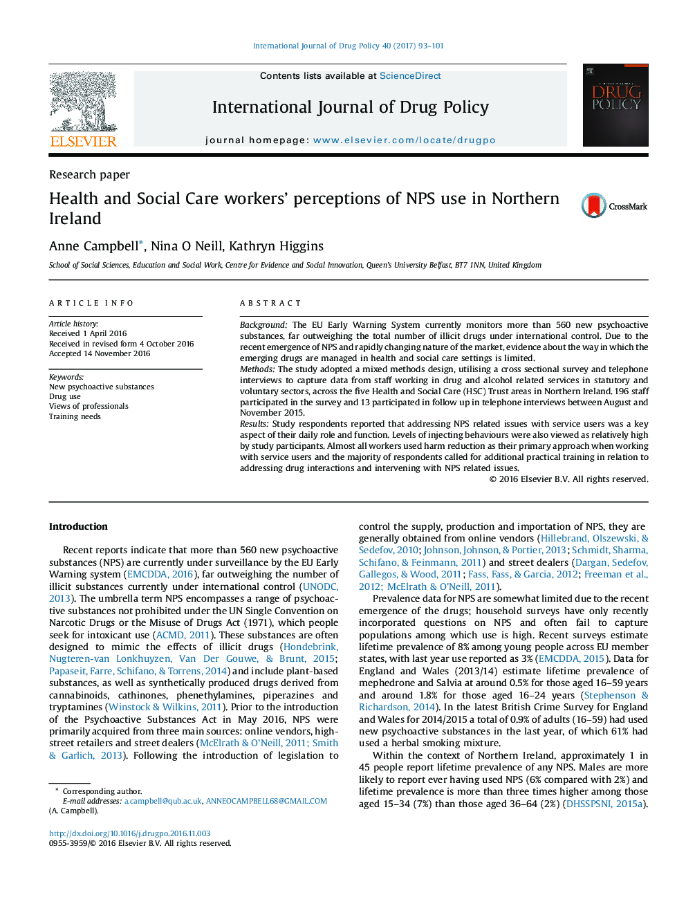 Research paperHealth and Social Care workers' perceptions of NPS use in Northern Ireland