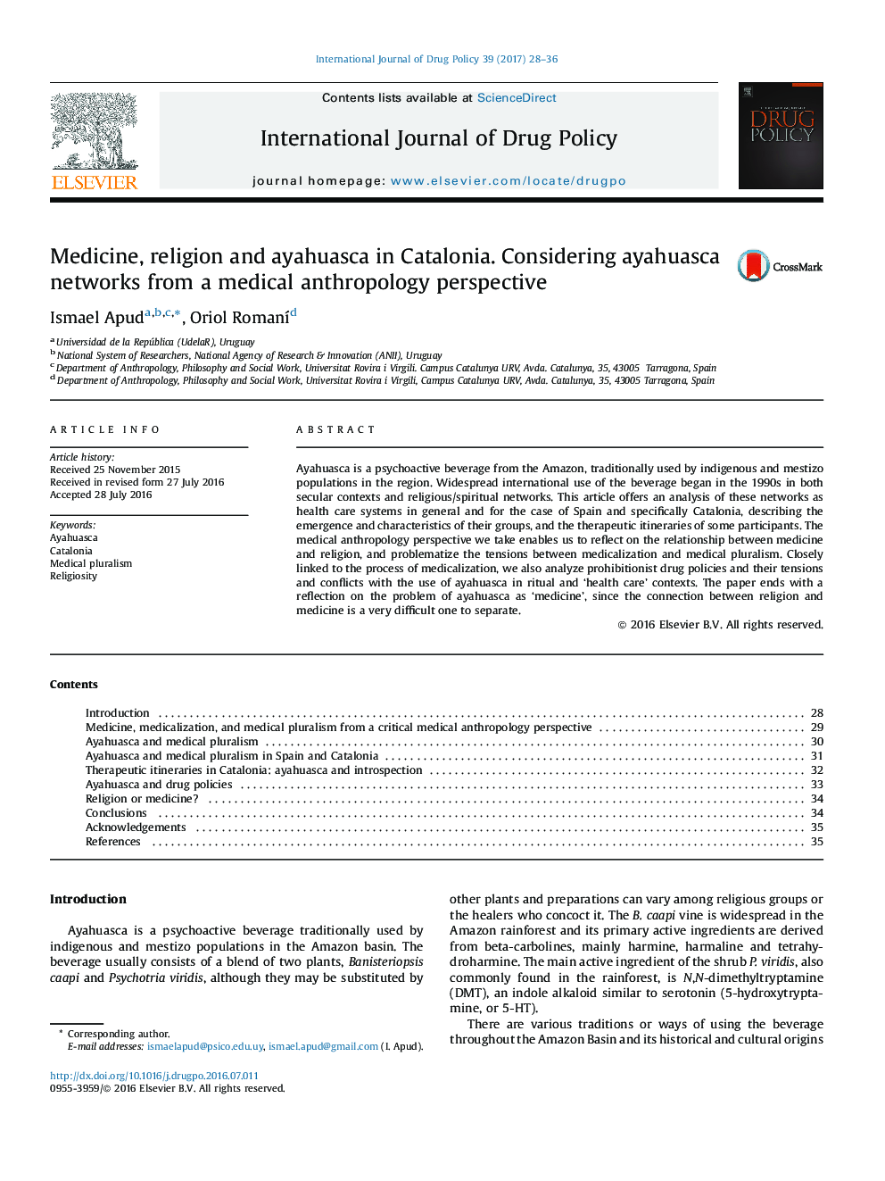 Medicine, religion and ayahuasca in Catalonia. Considering ayahuasca networks from a medical anthropology perspective