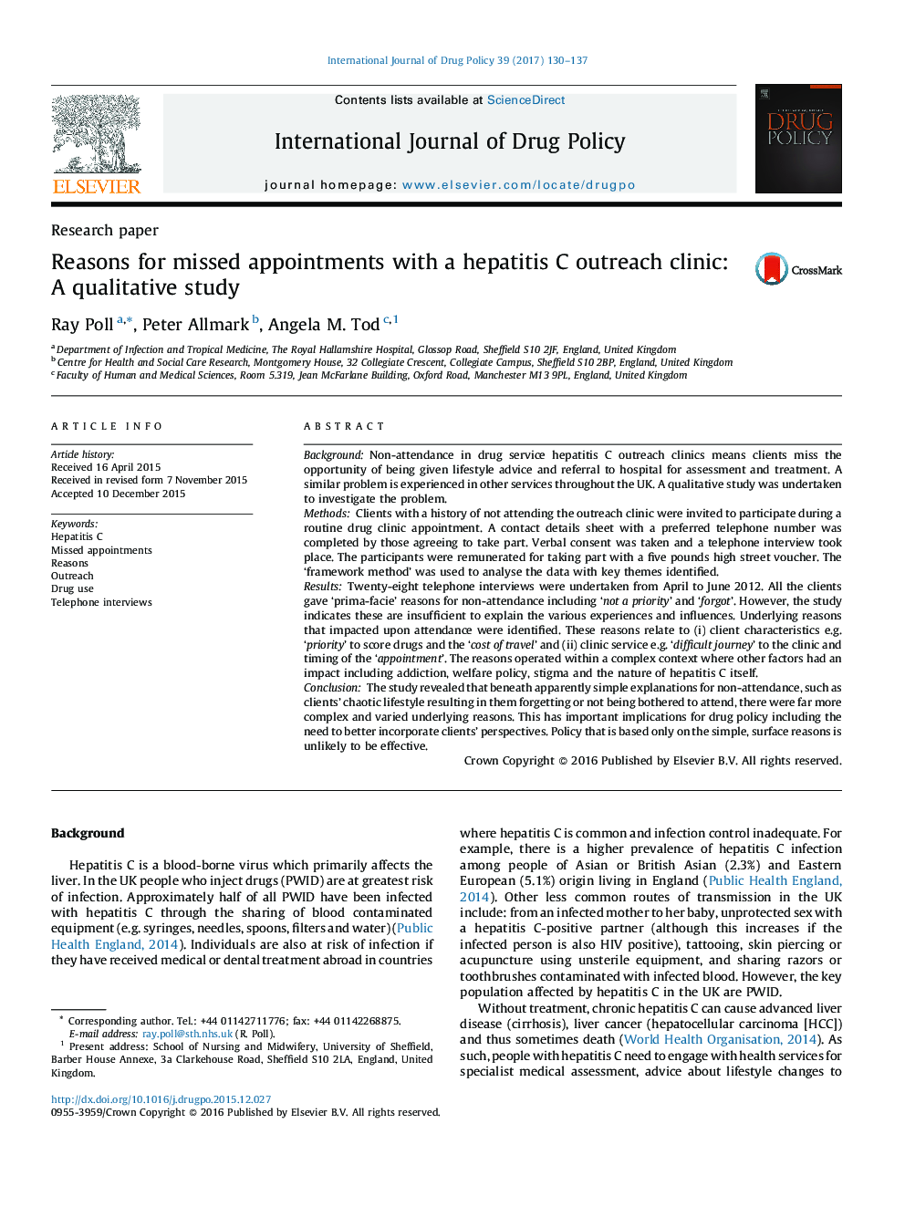 Reasons for missed appointments with a hepatitis C outreach clinic: A qualitative study