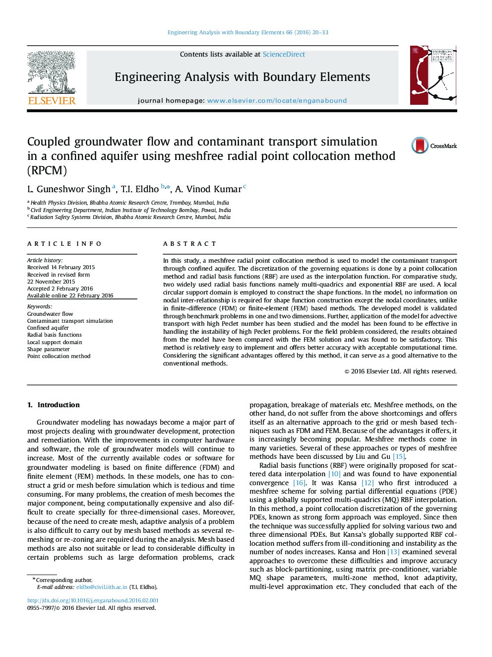 Coupled groundwater flow and contaminant transport simulation in a confined aquifer using meshfree radial point collocation method (RPCM)