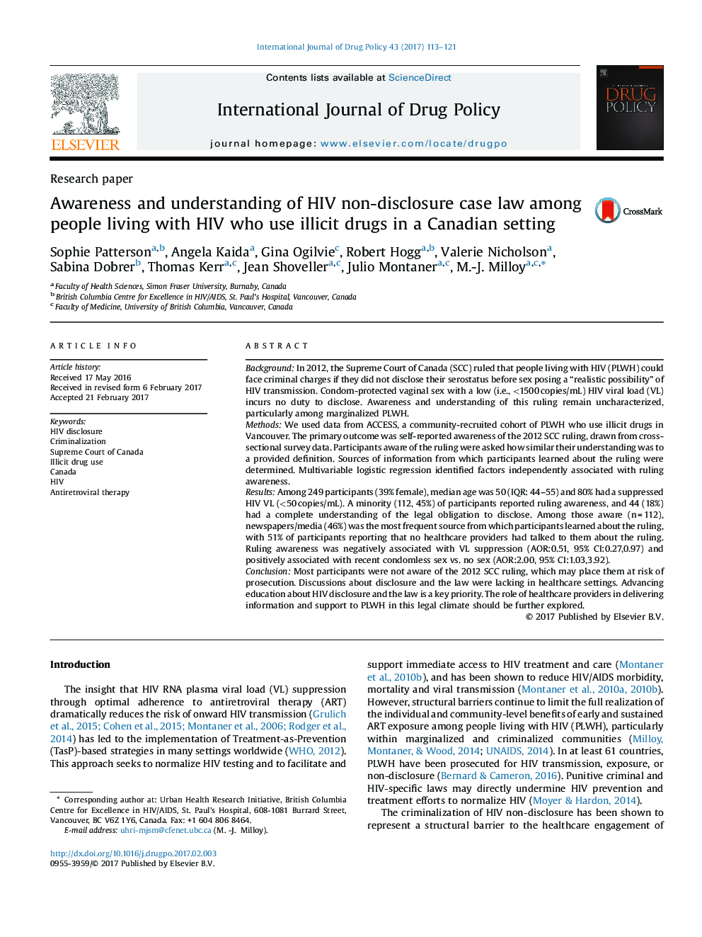 Awareness and understanding of HIV non-disclosure case law among people living with HIV who use illicit drugs in a Canadian setting