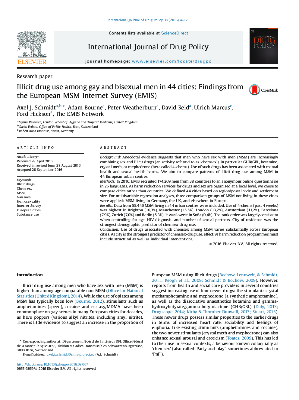 Illicit drug use among gay and bisexual men in 44 cities: Findings from the European MSM Internet Survey (EMIS)