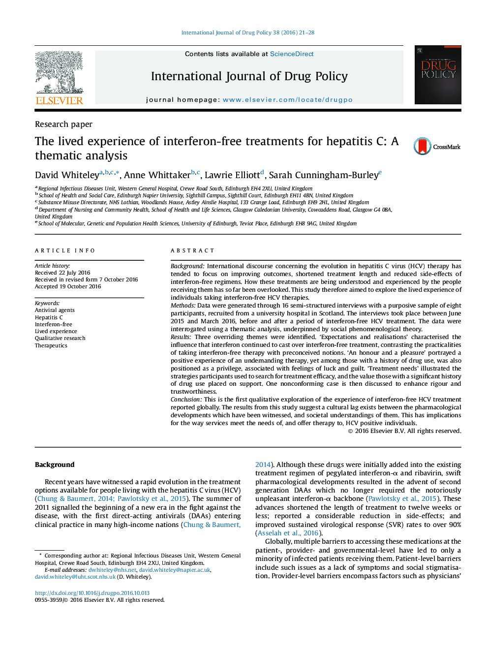 The lived experience of interferon-free treatments for hepatitis C: A thematic analysis