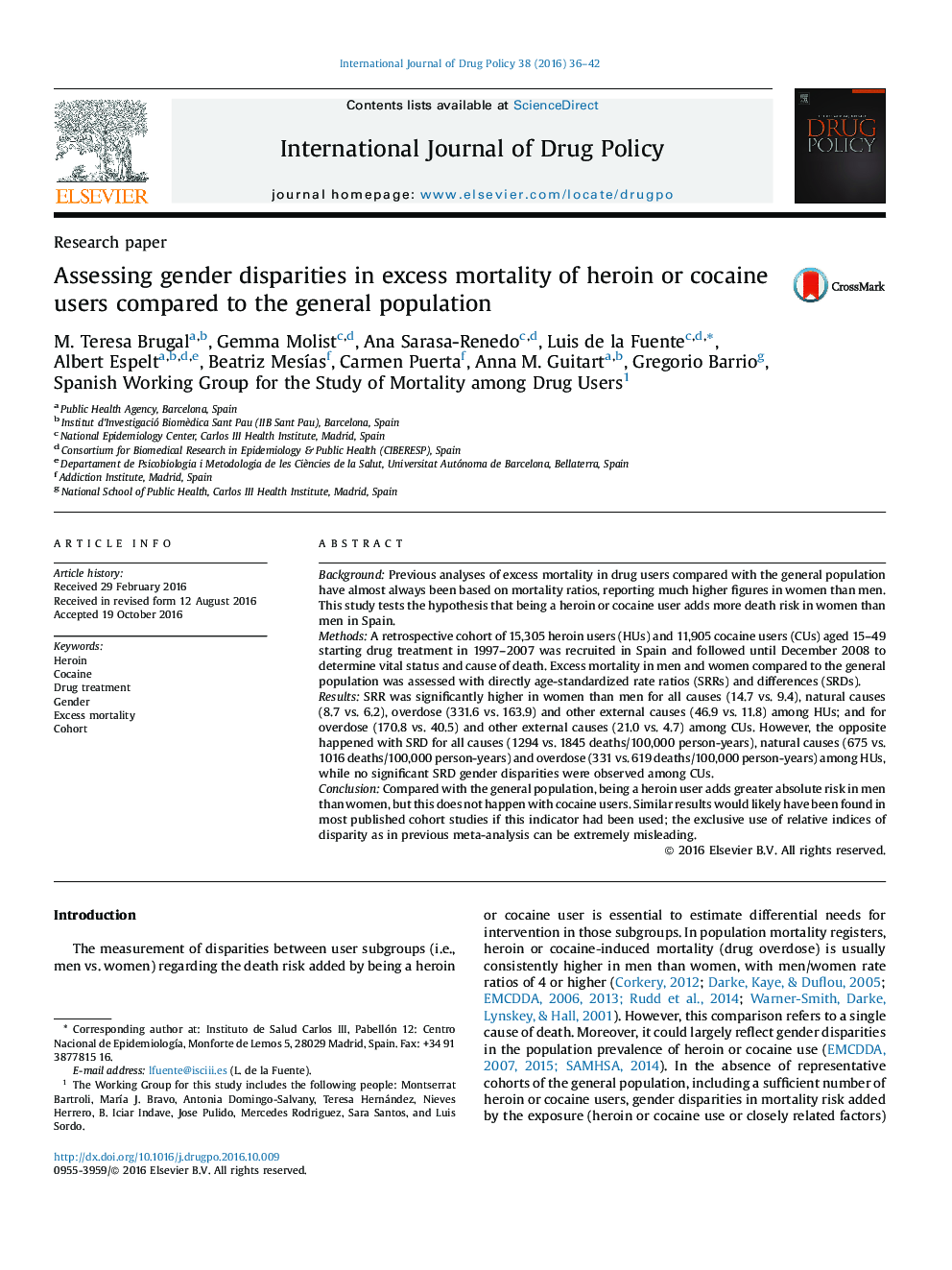 Assessing gender disparities in excess mortality of heroin or cocaine users compared to the general population