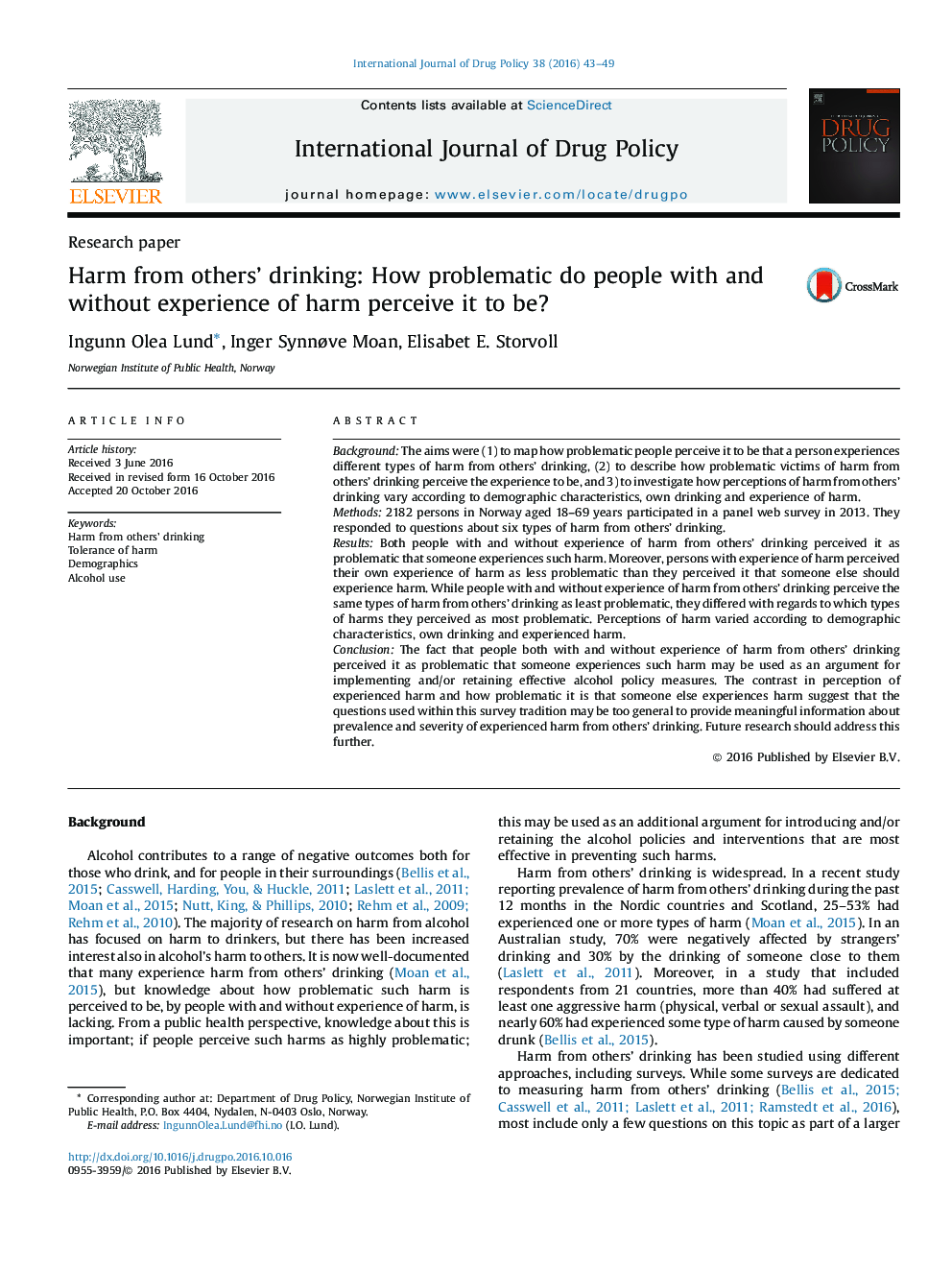 Harm from others' drinking: How problematic do people with and without experience of harm perceive it to be?